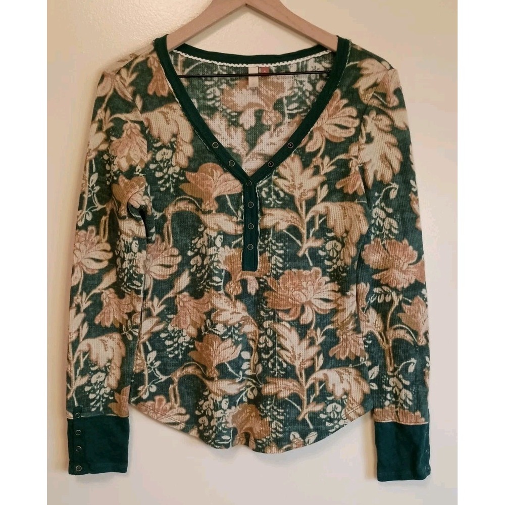 Pilcro Anthropologie Floral Waffle Knit Henley Top Green Boho Long Sleeve M